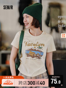 เสื้อยืดแขนสั้นผู้หญิง Semir ทรงเข้ารูปพิมพ์ลายสไตล์ย้อนยุคฤดูร้อน 2025 เสื้อผ้าทำงานแบบลำลองสำหรับวัยรุ่น