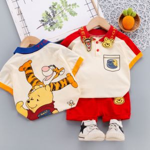 Kaos Kerah Beruang Kartun Bayi Laki-Laki & Set Katun Celana Pendek