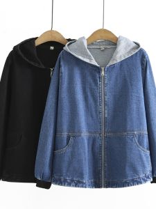 2023 Spring and Autumn K-style New Arrival Plus Size Womens Sports Casual Top Hooded Zipper Denim Long Sleeve Short Coat