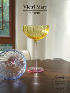 Vietri Mare High Footed Glass Cup Vertical Stripe Color Block Red Wine Glass Juice Cup Premium Feeling Cup Handmade Crystal Glass