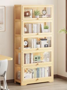 Solid Wood Bookcase Home Use Floor Standing Acrylic Door Panel Wall Mounted Shelf Study Room Display Cabinet Childrens Bookshelf