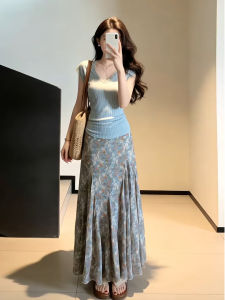 LIRENQING | Summer Blue Lace V-Neck Short Sleeve Elegant Beautiful Floral Skirt Suit
