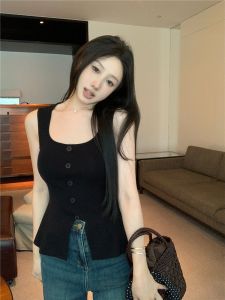 Elegant Slit Strap Vest Womens Summer New Minimalist Style Square Collar Waist Cinching Sleeveless Top Trendy Commute