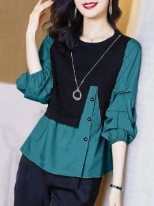 Fashionable Womens Shirt Spring Autumn Design Sense Splicing Slimming Belly Covering Lotus Leaf Sleeve Blouse Korean Style