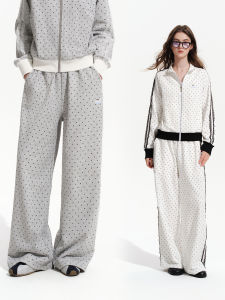 PSO Brand | Cute Dog Pattern Color Block Full Dot Patchwork Lace Band Loose Fitting Sweatpants