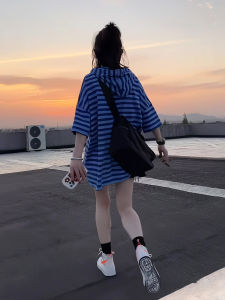 2025 New Pure Cotton Short Sleeve Striped Hoodie Womens Loose Casual Sports Top Mid-Length T-Shirt Summer Comfortable