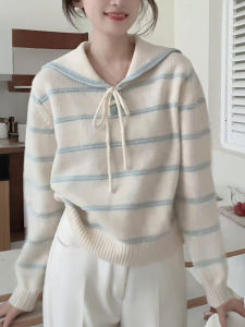QINGNAER | Gentle College Style Sweet Striped Tie-Shoulder Polo Collar Knitted Sweater