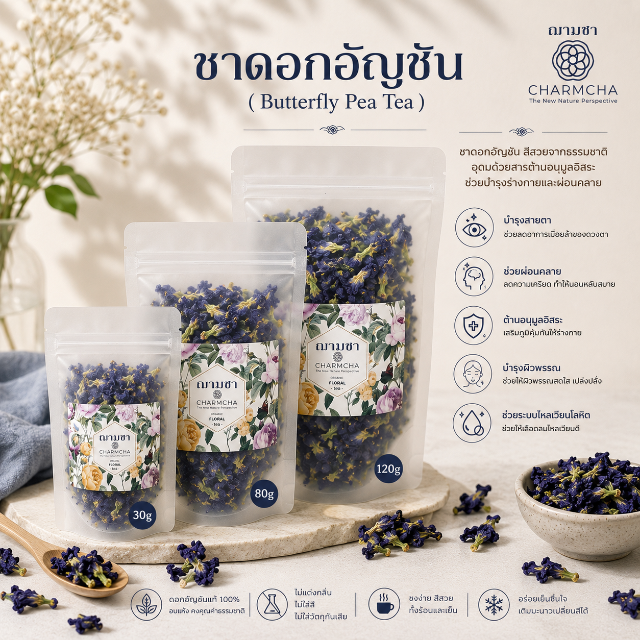ชาดอกอัญชัน ( Butterfly Pea Tea ) บำรุงสายตา เพิ่มการไหลเวียนเลือด ชาดอกไม้ Charmcha ฌามชา อันชัญ ดอกไม้ ชา ชาดอกไม้