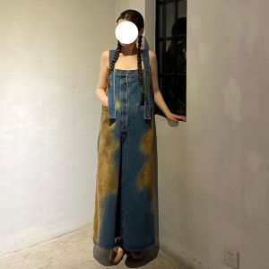 Hong Kong Style Workwear Denim Overalls Womens Spring Summer High Waist Slimming Strap Dresses Long Skirts