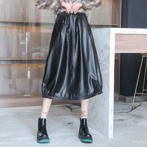 Autumn Winter New Style Womens Leather Skirt over Knee Loose Large Size Elastic Waist Sheepskin Casual Full Swing Skirt