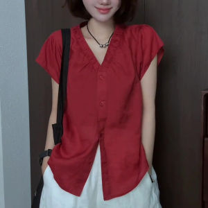 Shalldoer | French Style Sun Protection Shirt Womens Thin Breathable Short Sleeve Top V-neck Casual Loose Fit Button Detail Summer Shirt