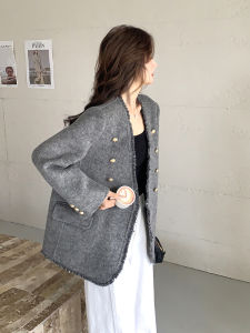 Smoke Grey French Style Woolen Coat V-neck Double Button Spring New Arrival Small Fragrance Style Commute Wind Short Outerwear