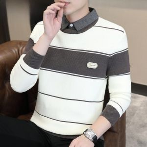 HENGYUANXIANG | Hengyuanxiang Mens Striped Knit Sweater Fashionable Urban Style Shirt Collar Premium Polyester Fiber Long Sleeve Autumn Winter
