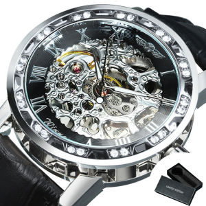 T-WINNER | WINNER Classic Mechanical Watch for Men Luxury Iced Out Skeleton Hand Winding Watches Leather Strap Luminous Business Wristwatch