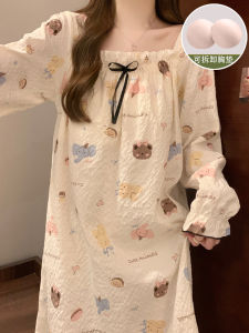 Đồ Ngủ Dài Tay Có Đệm Ngực Cho Nữ Mùa Xuân Thu Đông Ngọt Ngào Dễ Thương Công Chúa Mới 2025 Đồ Ngủ Cotton Pha Polyester Thoải Mái Mặc Nhà
