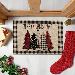 VIKAMA Xmas Front Door Mat Durable Festive Candy Cane Bow Print Non Slip Floor Mat For Indoor Outdoor Entry Xmas Decor