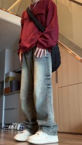 celana jeans pria dewasa korean style retro baggy pants casual celana denim panjang cowok kulot