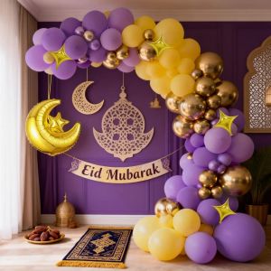 113Pcs Eid Mubarak Balloon Decoration Set Purple Yellow Gold Balloon Arch Kit with Moon Star Foil Balloons for Ramadan Eid Party