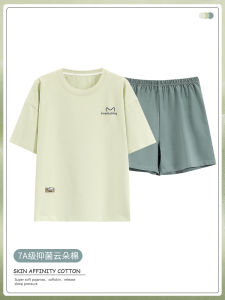 Womens Summer Lightweight Short Sleeve Pure Cotton Pajamas Set Comfortable Breathable Home Clothes Nightgown Two-Piece Suit