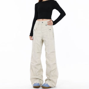 กางเกงทำงานสไตล์อเมริกันสำหรับผู้หญิง กางเกงขายาวทรงหลวมสบาย ๆ ทรงยีนส์ ทรงขากว้าง กางเกงขายาวทรงยีนส์