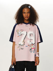 เสื้อยืดคอกลมแขนสั้นลายการ์ตูนสไตล์ลำลองสำหรับฤดูร้อน TIPSEVEN ดีไซน์ใหม่ ลายการ์ตูนสีสองโทน ผ้าโพลีเอสเตอร์ 100%