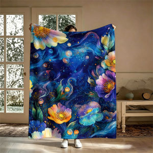 Potdemiel | Blue Purple Floral Orbs Flannel Blanket Soft Warm Christmas Halloween Blanket for Lightweight Cozy Room Home Decor Gifts