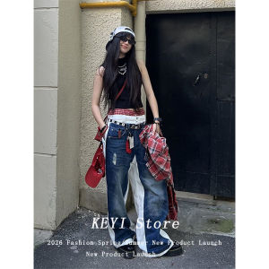 Women Blue Y2k Star Graffiti Jeans Harajuku 90s Vintage Denim Trousers Japanese 2000s Style Baggy Boyfriend Jeans Pants Clothes