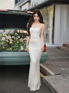 Xin Snow Yarn White Evening Dress Womens Heavy Embroidery Sequins Suspender Dress Host Adult Ceremony Bridesmaid Dress Fishtail