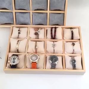 12-Slot Natural Wood Jewelry & Watch Organizer Tray - Soft Protective Cushions for Watches/Bracelets (Multi-Purpose Storage