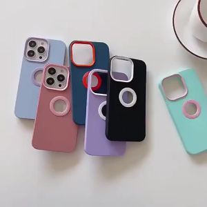 สีพื้น 3 in 1 LOGO ลายโลโก้ ซิลิโคนเหลวนุ่ม เคส For iPhone 11 13 15 16 14 12 Pro Max สีแคนดี้ เคสโทรศัพท์