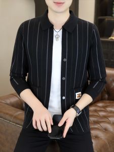 HENGYUANXIANG | Autumn Knitted Sweater Jacket Mens Casual Collarless Cardigan Fashionable Striped Outerwear Comfortable Polyester Blend