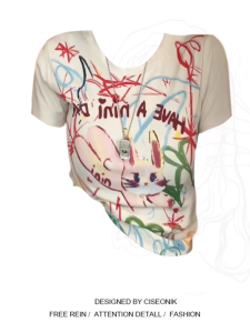 Slimming Effect T-Shirt Large Size Spring Summer New Cartoon Rabbit Graffiti Print Short Sleeve Womens Slim Fit Versatile INS Top