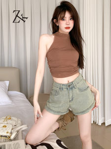 กางเกงขาสั้นยีนส์เอวสูงทรงเอเอวสูงสไตล์ย้อนยุคสไตล์อเมริกันสำหรับผู้หญิง กางเกงขาสั้นทรงเอเอวสูงทรงเอเอวสูงสำหรับผู้หญิง