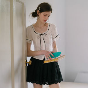 ISISLOVE | Áo Blouse Phong Cách Pháp Thanh Lịch Có Nơ Đối Chiếu Viền Ren