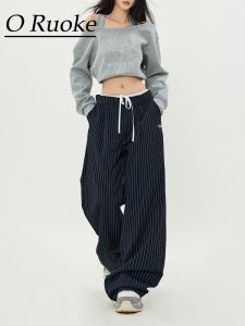 Patchwork Double Waist Stripes Casual Pants Womens Dark Blue Drawstring Design Retro Loose Drooping Wide Leg Mop Pants Tide