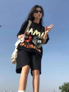 Summer Casual Loose Korean Style Short Pants Set for Young Women plus Size Fashion Print Two Piece Suit Polyester Fiber round Neck