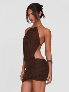 2025 Summer New Dance Metal Ring Hanging Neck Sensual Backless Belted Dress Bodycon Short Skirt Street Style High Waist Polyester