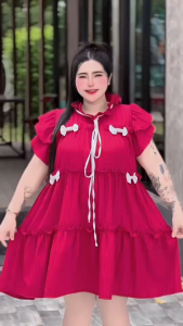 E9เดรสกระโปรงแต่งโบว์-สาวอวบพลัสไซส์ เนื้อผ้าด๊อบบี้