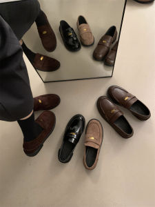 Retro British Style Gold Coin Flocking Loafers Flat Bottom Low Heel Versatile Leather Shoes Korean Style round Toe Rubber Outsole