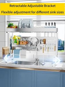 304 Stainless Steel Kitchen Dish Rack Storage Cabinet above Kitchen Sink Adjustable Drying Rack with Drainer for Dish & Plate Storage Stainless Rack