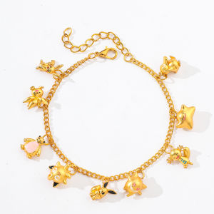 Bandai | Gold Plating Anime Cartoon Creature Charm Bracelet Cute Pikachu Character Pendant Adjustable Chain Bracelet Kawaii Cartoon Gift