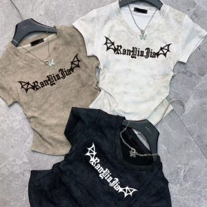 White Short Sleeve T-Shirt High Waist Pleated American Style Commute Korean Version Creative Pattern Summer Short Top