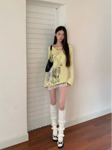 Elegant Long Sleeve T-Shirt Lace Splicing Pearl Embroidery Rabbit Print Slim Fit Summer Beautiful Mini Top Polyester Fiber