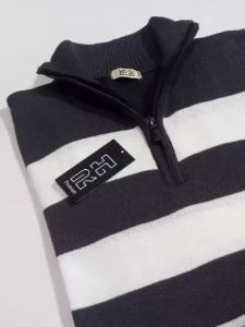 Sweater Baju Rajut pria lengan panjang RH kerah tinggi resleting zipper motif belang garis tangan panjang outer knitwear turleneck