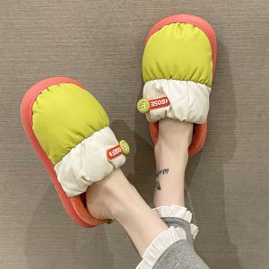 down Waterproof Cotton Slippers Female Winter Wear Fashion Colorblock Warm with Velvet Indoor Home Thick Sole Closed-Toe Slippers