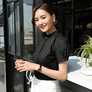 STARMAGNOLIA | Fashionable Fitted Womens White Blouse Bubble Sleeves Ruffled Collar Short Sleeve Shirt