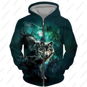 ali92024เสื้อแจ็คเก็ตมีฮู้ดมีซิปสำหรับผู้ชาย เสื้อแจ็คเก็ตแฟชั่นหมาป่ามีฮู้ดพิมพ์ลายสัตว์3D เสื้อกันหนาวลายสตรีทเครื่องแต่งกายเสื้อผ้าลำลองสำหรับผู้ชาย