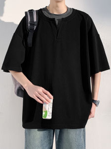 Casual V-Neck Short Sleeve Mens T-Shirt Quick Dry Loose Fit Summer Ice Silk Texture Top Breathable Comfortable Youth Fashion