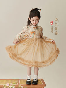 Princess Style Bubble Sleeve Stand Collar Traditional Chinese New Style Girls Dress Button Closure Long Sleeve Polyester Cotton Blend Spring Autumn Kids Clothing