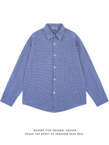 เสื้อเชิ้ตแขนยาวลายสก็อตสีน้ำเงินสไตล์ย้อนยุค MOISHE TIDE สำหรับผู้ชาย สวมใส่สบาย สไตล์ลำลอง ทรงหลวม แจ็คเก็ตเสื้อผ้ากันหนาว